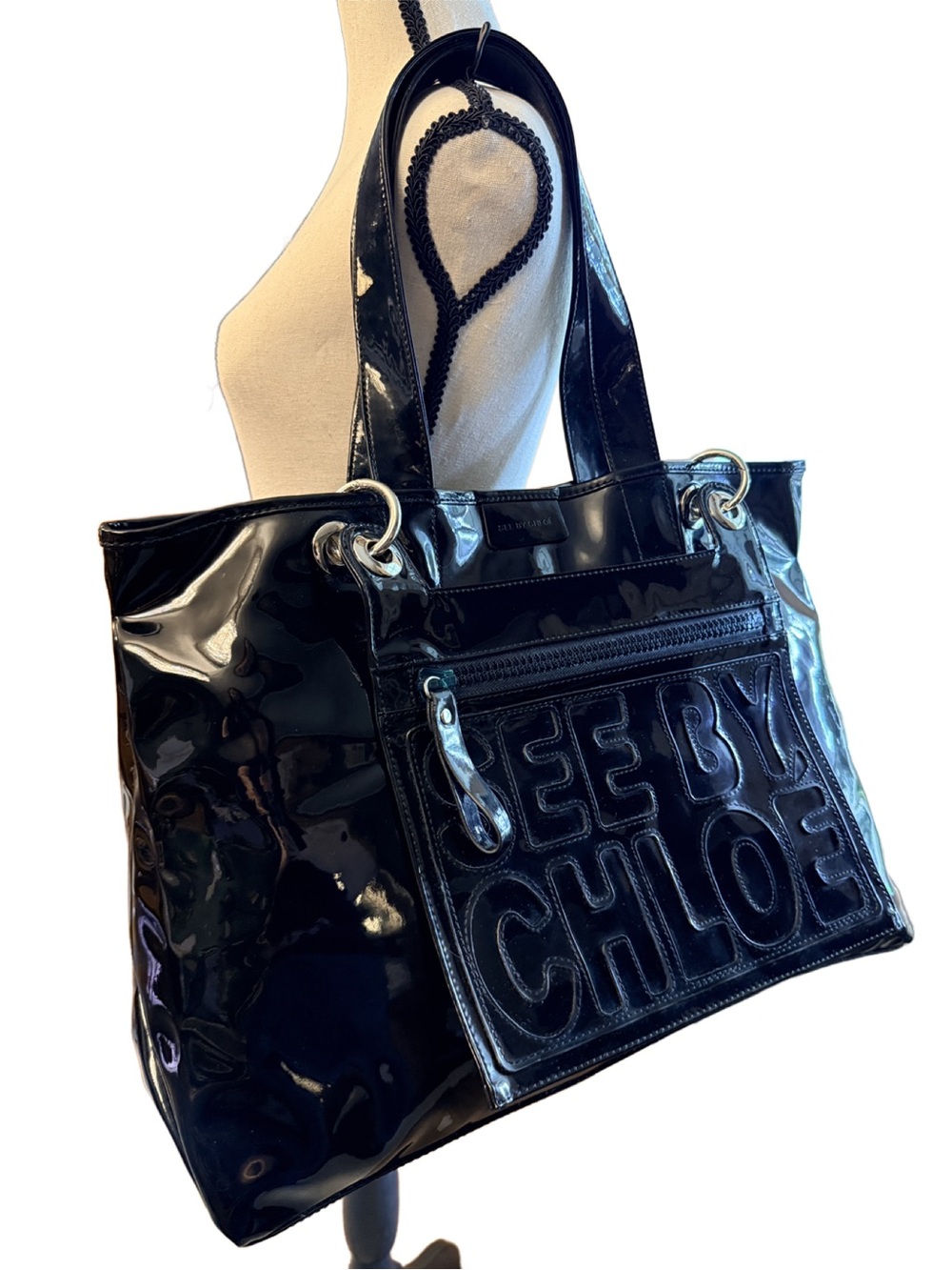 See By Chloé Glossy Black Patent Leather Tote with Embossed Logo